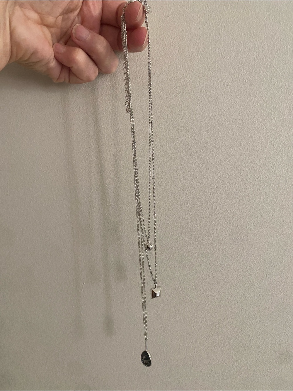 Swarovski Three Chain Layered Silver Drop & Cube Pendant Necklace